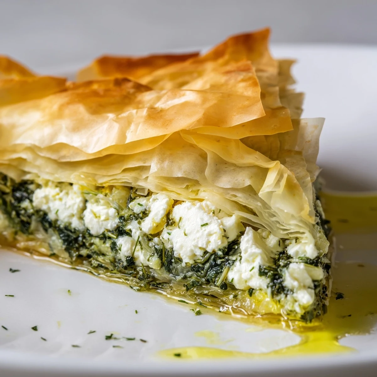 A close-up of a warm, savory Greek Spanakopita with a perfectly crisp and golden crust.