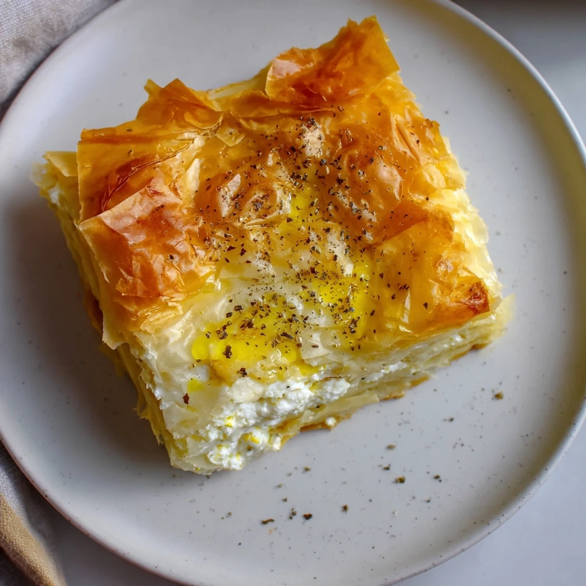 Flaky, golden Bulgarian Banitsa, a savory pastry with a creamy feta cheese filling, ready to serve.