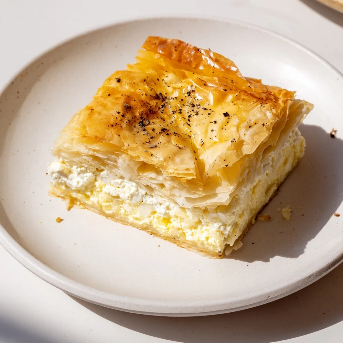 A close-up of baked Bulgarian Banitsa, showing the crispy phyllo dough and bubbling cheese filling.