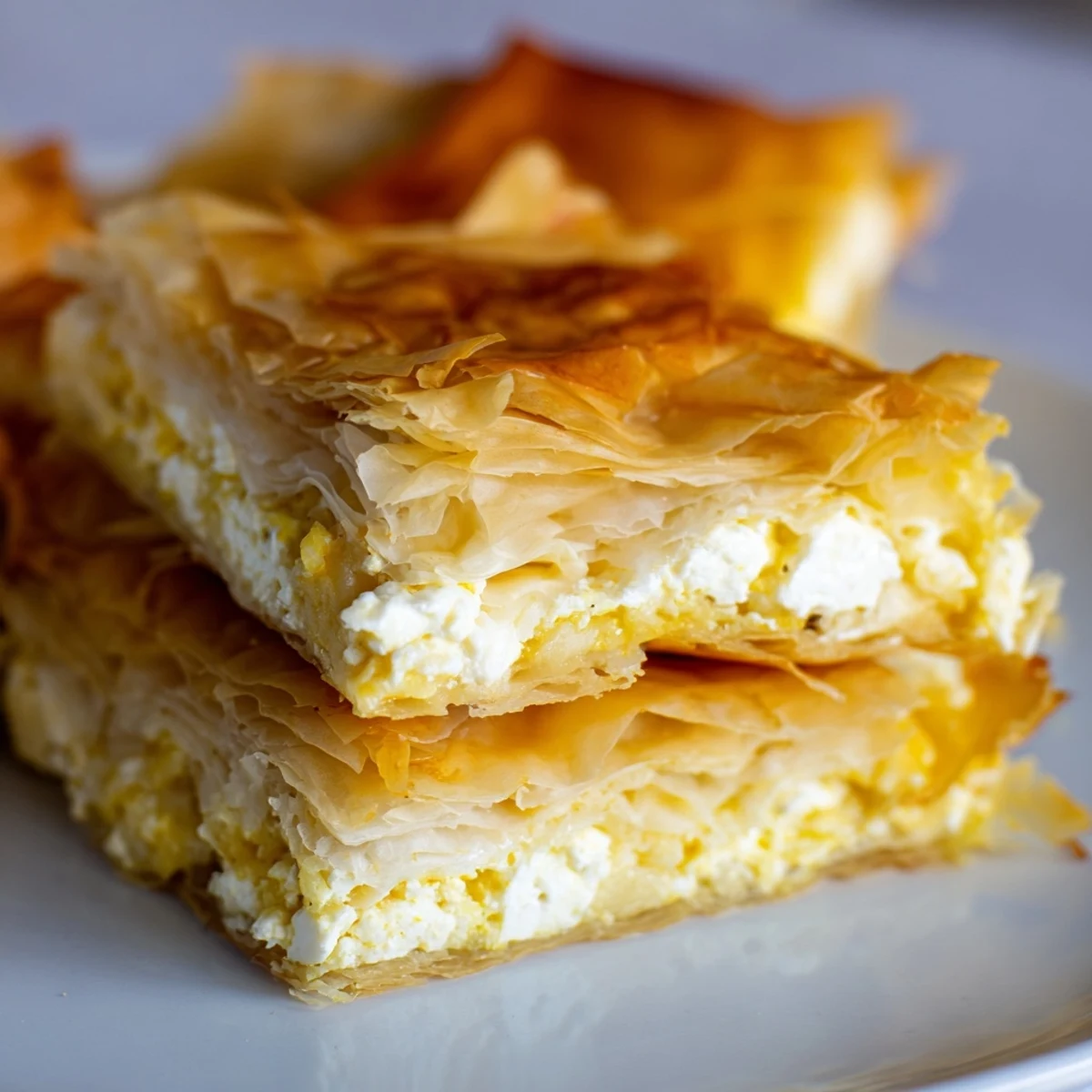 Golden Serbian Gibanica, a layered cheese pie, shows flaky phyllo and a savory, bubbling filling.