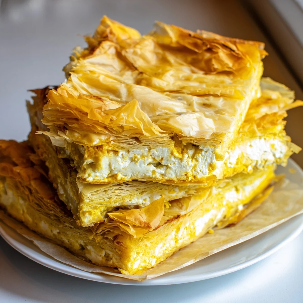 Freshly baked Serbian Gibanica showcases a crispy phyllo crust and a creamy, cheesy interior, ready to eat.