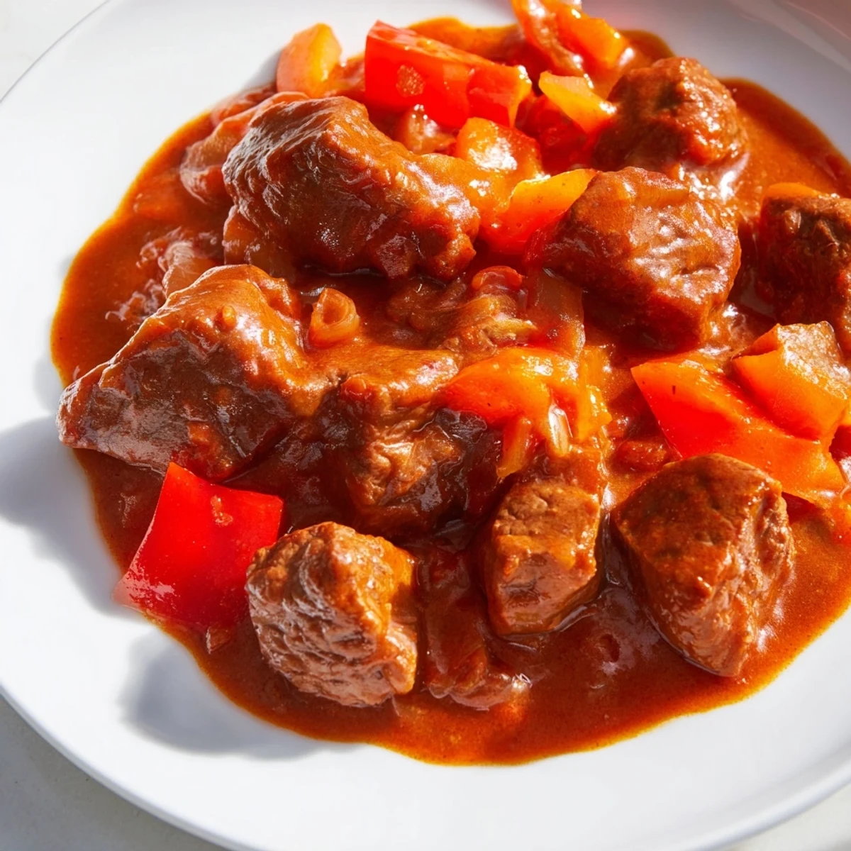 A steaming bowl of Hungarian Goulash Stew with tender beef and vibrant red peppers.