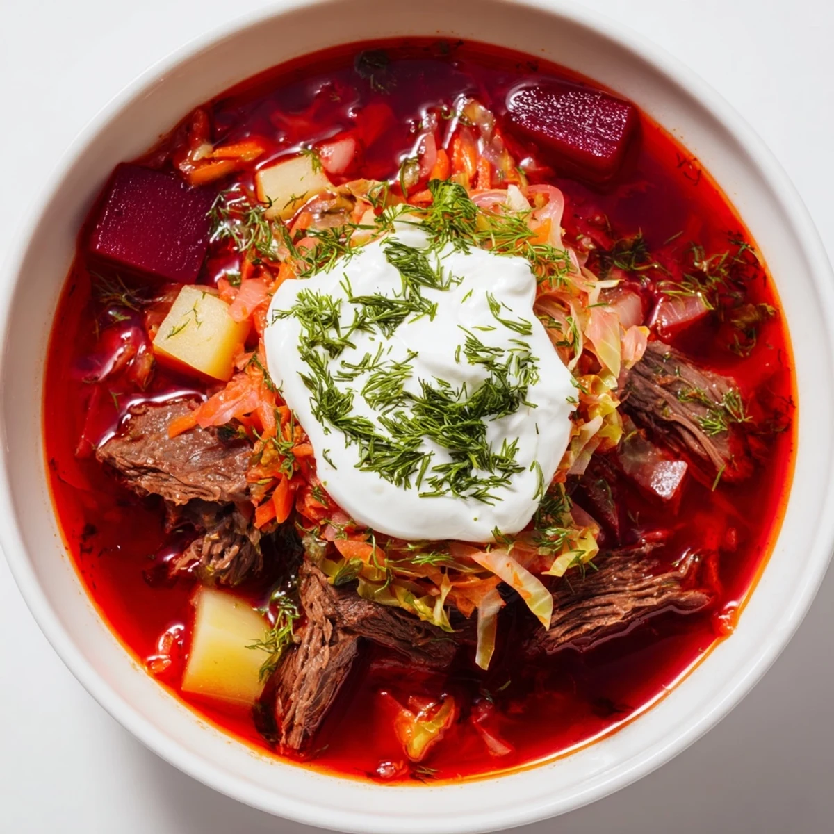 A steaming bowl of Ukrainian borscht soup, garnished with sour cream and fresh herbs, ready to enjoy.