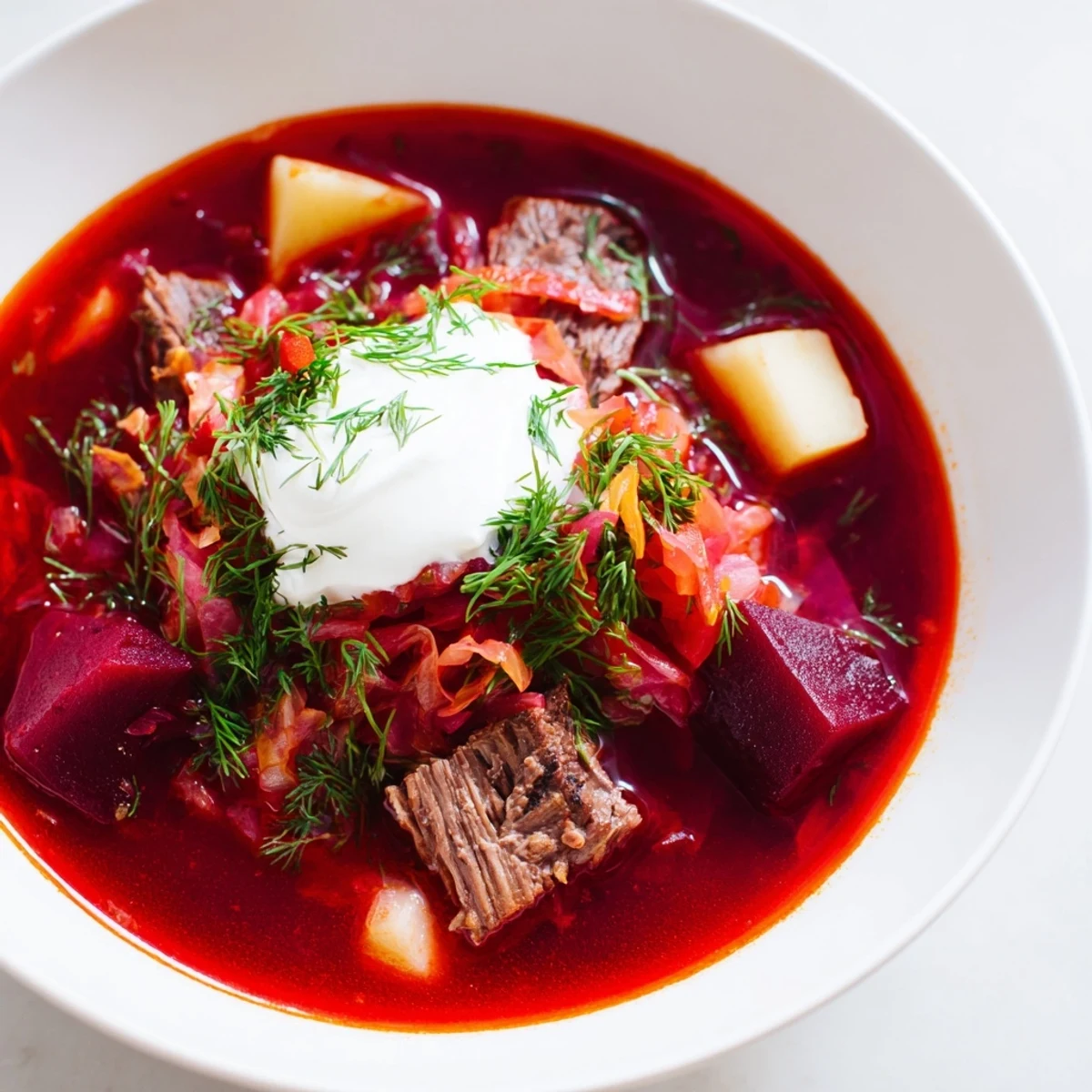 Bright red and flavorful Ukrainian borscht soup, a comforting classic, served with a dollop of creamy sour cream.