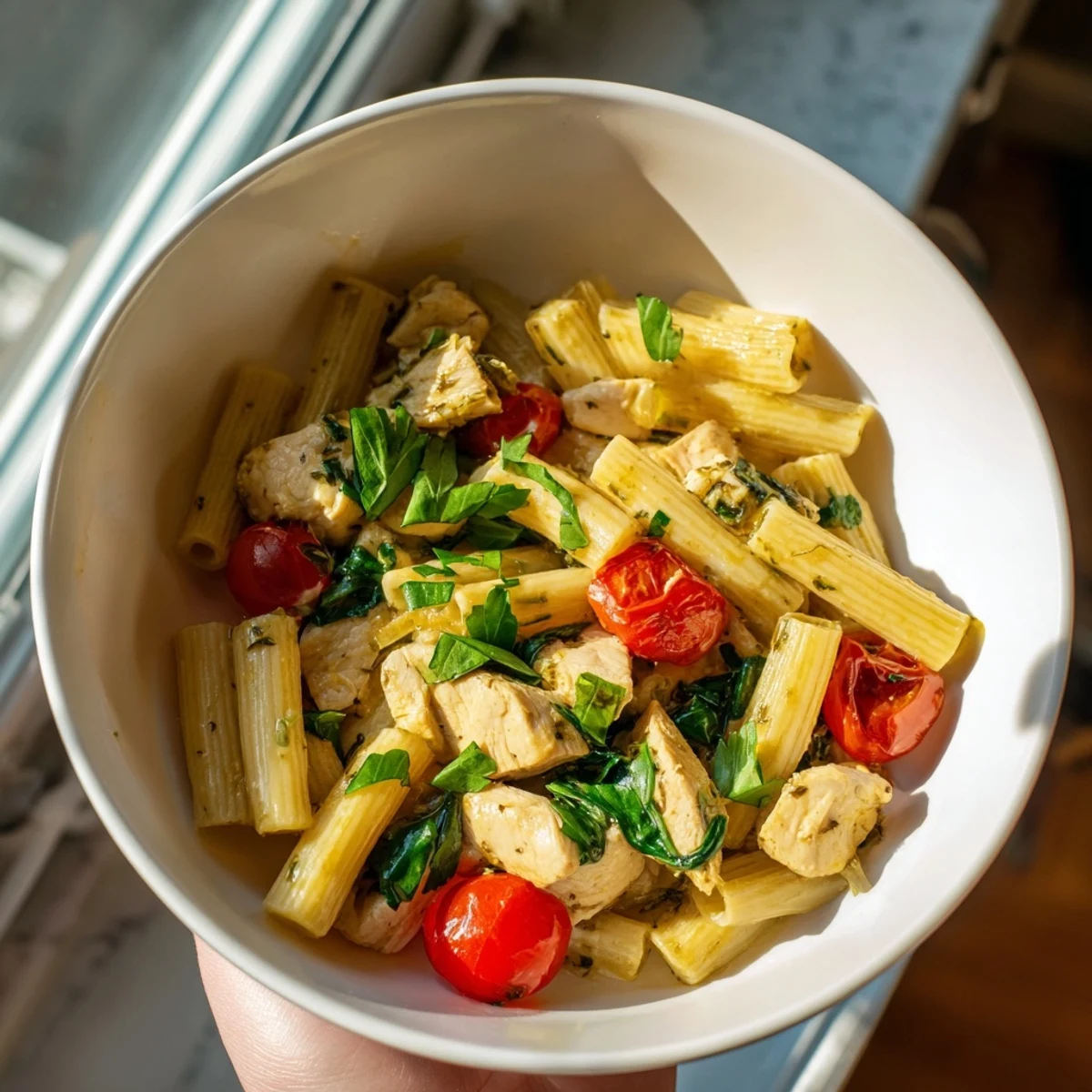 Freshly grated Parmesan cheese melted over steaming One-Pan Lemon Herb Pasta Chicken, garnished with chopped parsley and basil, served ready to enjoy.  