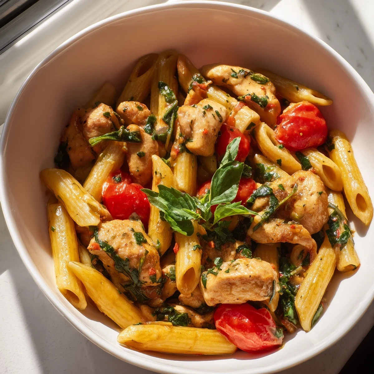 Sizzling skillet of One-Pan Lemon Herb Pasta Chicken, featuring tender chicken, vibrant spinach, and cherry tomatoes simmered in a savory, aromatic broth.