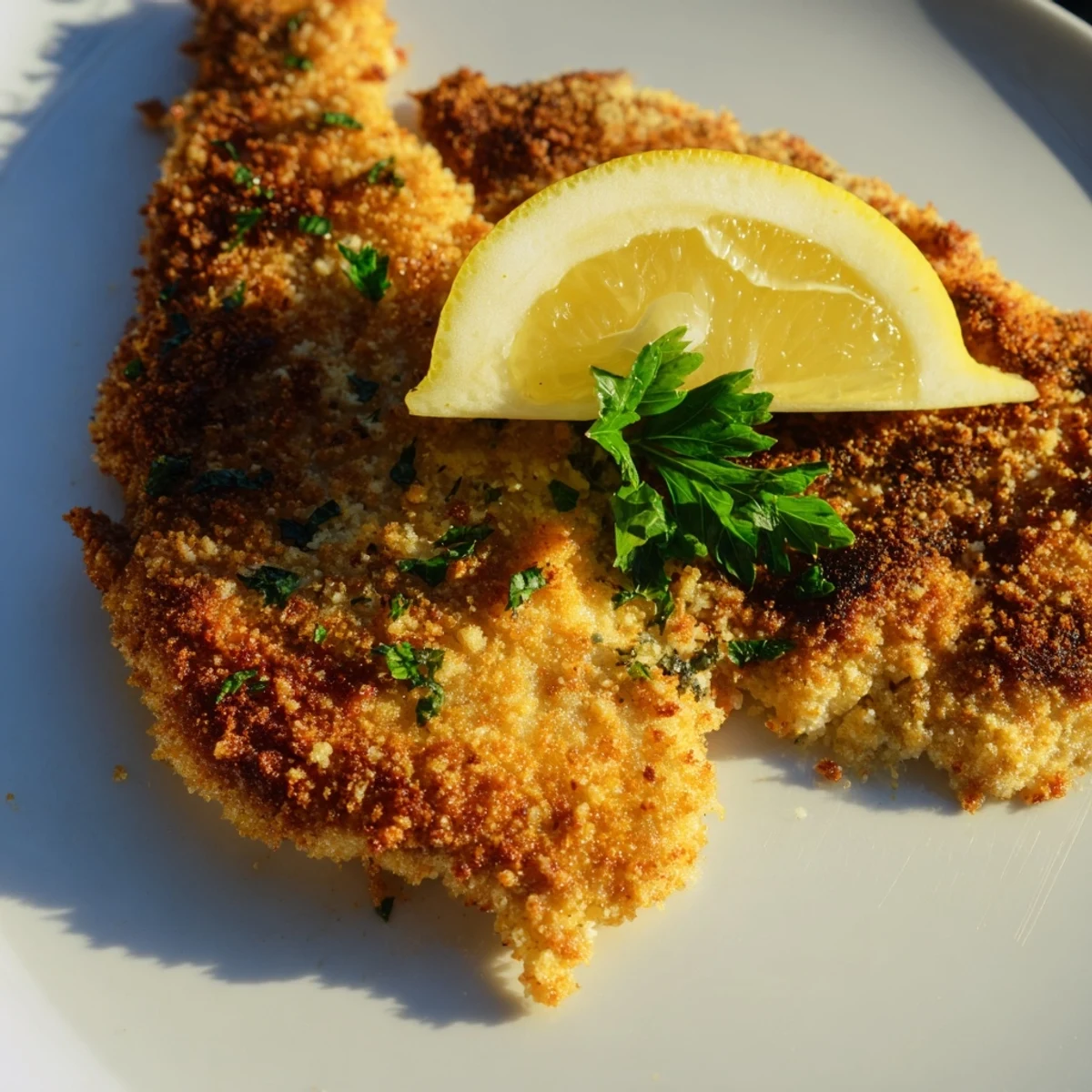 Golden-brown Crispy Parmesan Chicken Cutlet sizzling in a skillet, coated with a savory Parmesan and breadcrumb crust, ready to serve with lemon wedges and fresh parsley.
