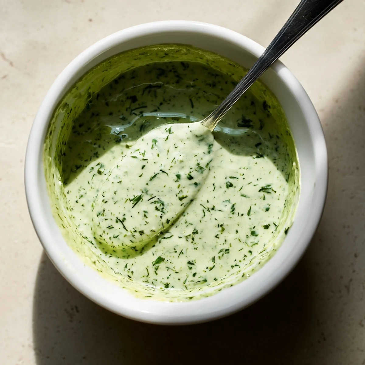 Bright green Green Goddess Dressing being poured from a glass jar over a fresh garden salad.