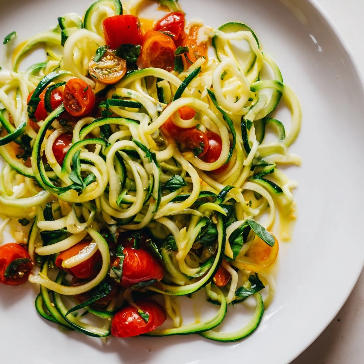 Tender spiraled zucchini noodles tossed in a vibrant cherry tomato basil sauce, topped with grated Parmesan for a fresh, low-carb main dish.