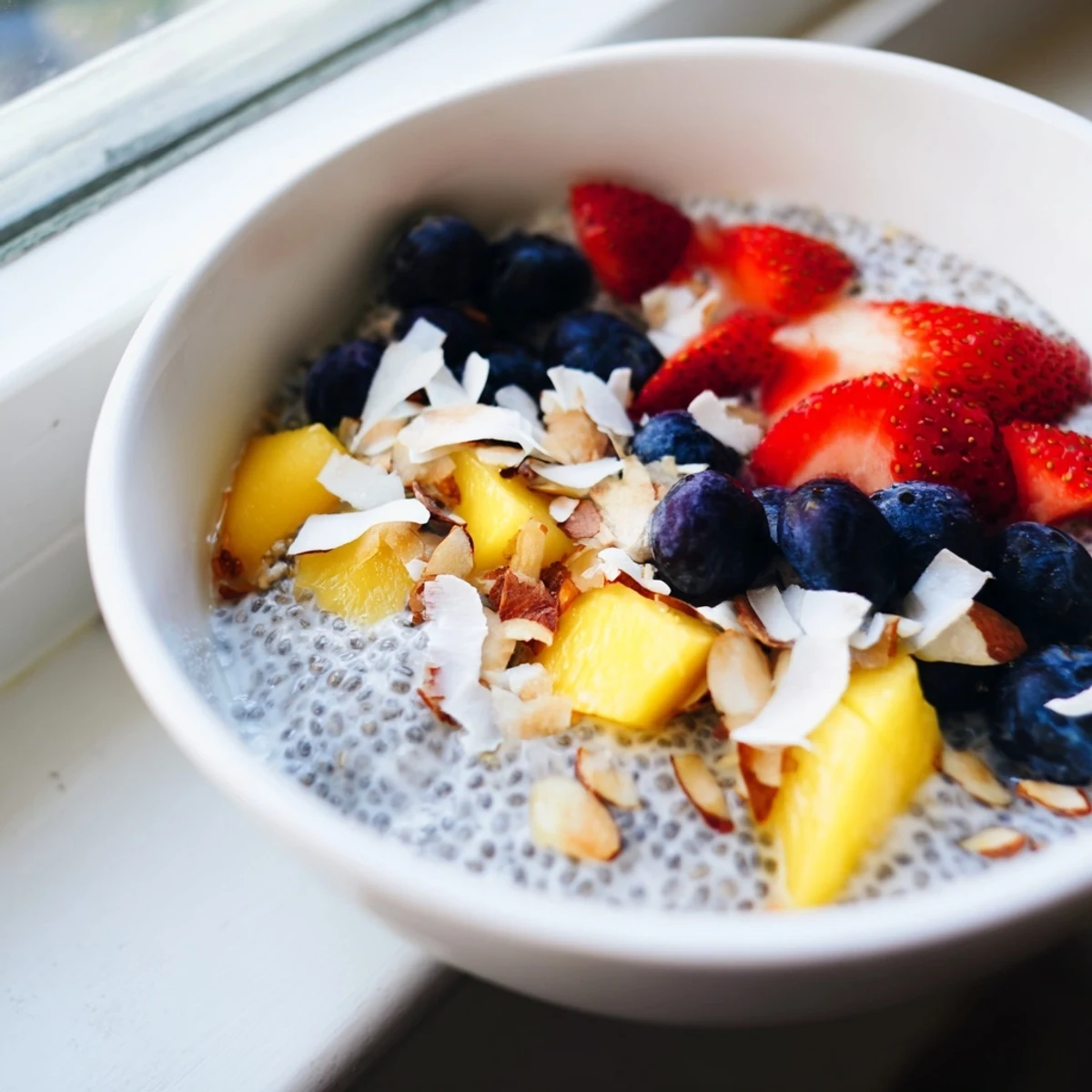 Creamy chia seed pudding layered with mixed fresh berries, coconut flakes, and chopped almonds in a clear glass jar.