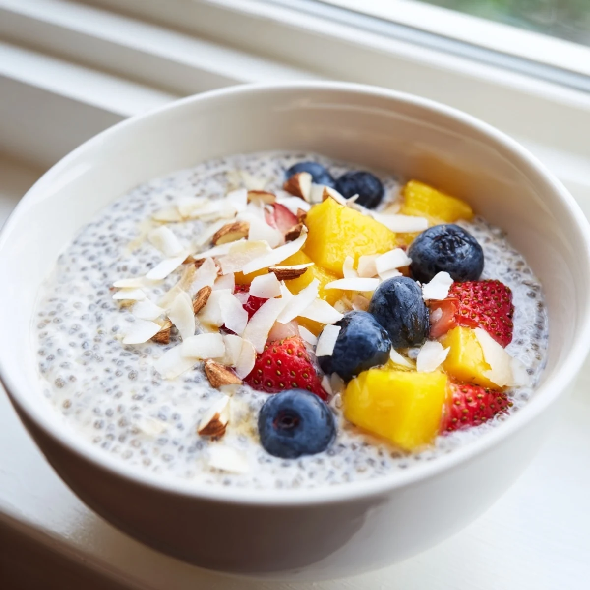 Thickened chia seed pudding topped with sliced mango, bananas, and a drizzle of maple syrup for a healthy breakfast.