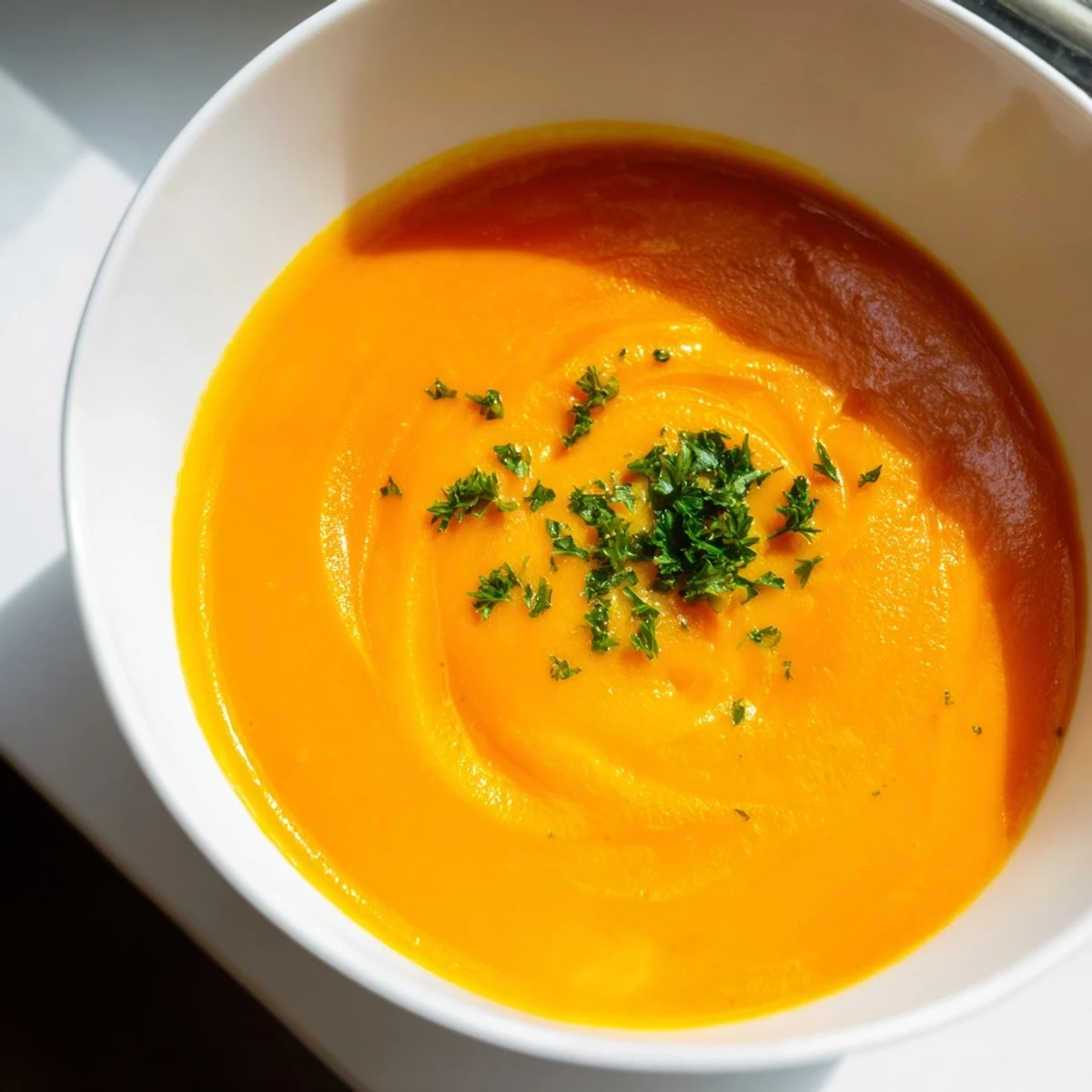 A steaming bowl of creamy carrot soup garnished with fresh parsley and a swirl of cream, served alongside crusty bread.