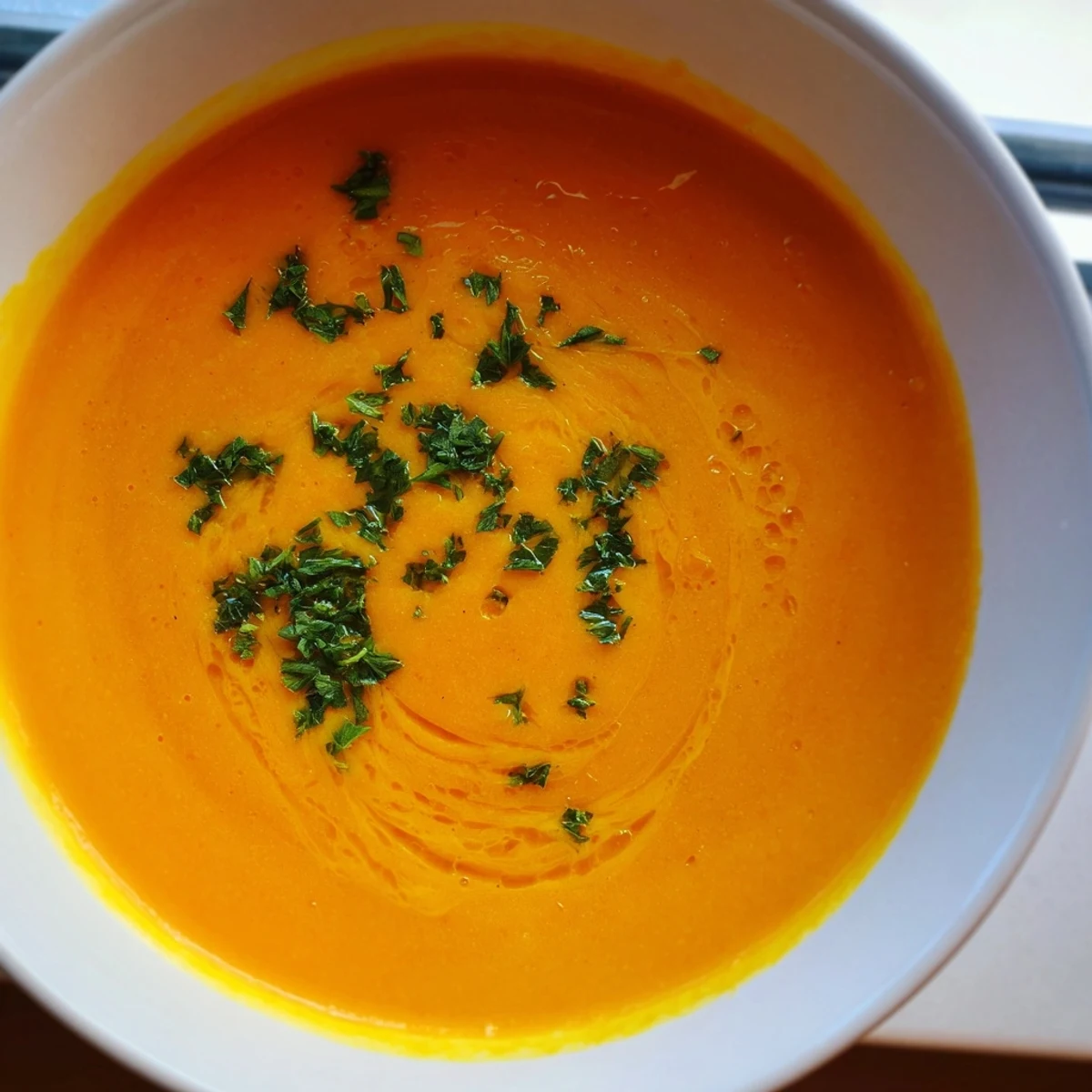 Velvety carrot-based creamy soup topped with herbs, ready to be served with a chilled glass of white wine.