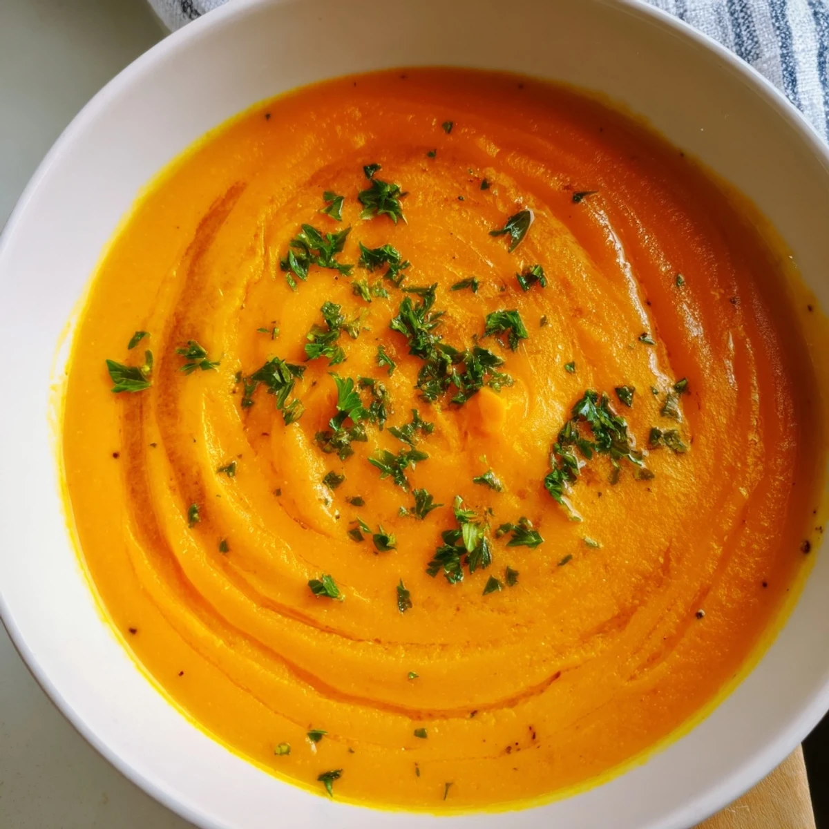 Vivid orange puree of roasted carrots and ginger in a white bowl, evoking a cozy, vegetarian dinner in the kitchen.