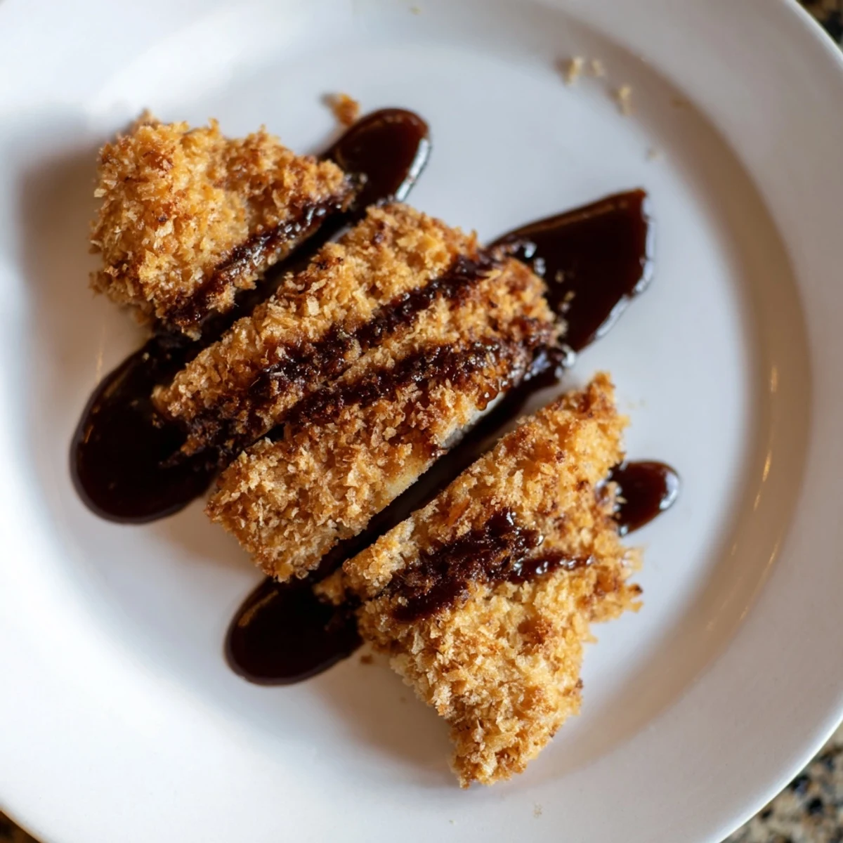 Crispy Chicken Katsu cutlet resting on shredded cabbage with lemon wedges and tonkatsu sauce.  