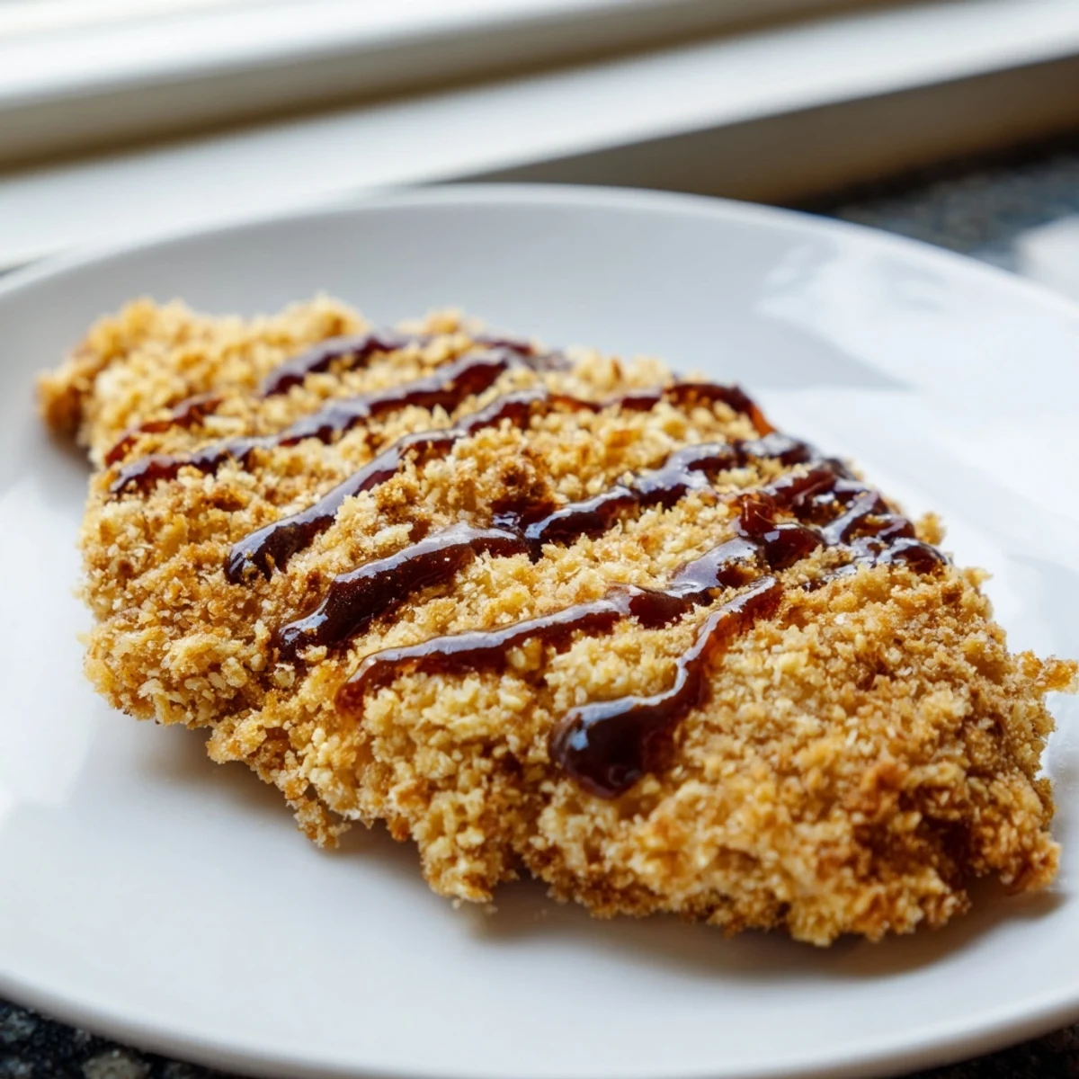 Homemade Chicken Katsu with panko crust and dipping sauce on a rustic plate.