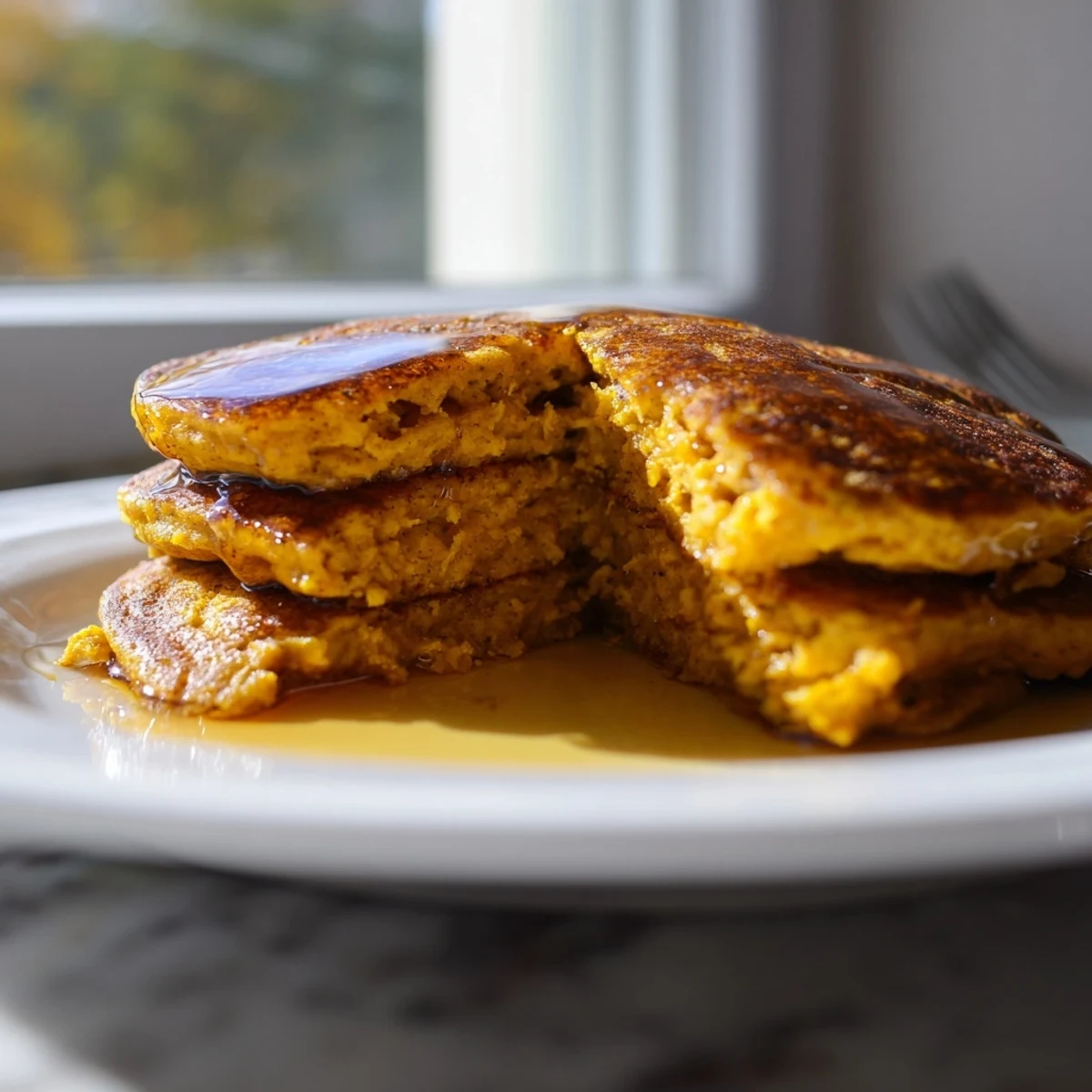 Golden-brown Pumpkin Spice Pancakes stacked high, drizzled with maple syrup and topped with a dollop of whipped cream for a cozy autumn breakfast.
