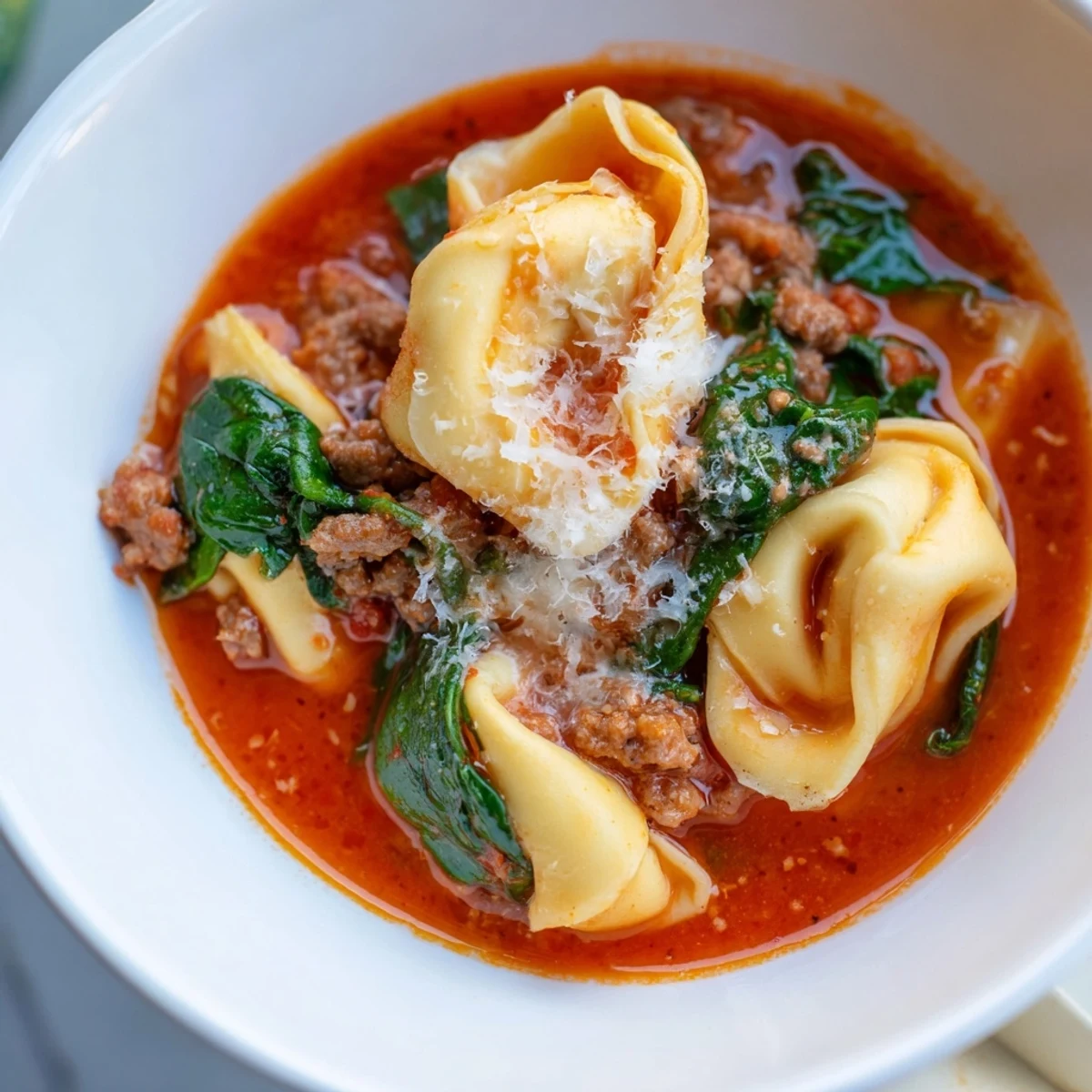 A warm bowl of Tuscan Tortellini Soup features cheesy tortellini and Italian sausage in a creamy tomato broth, topped with Parmesan and fresh basil.