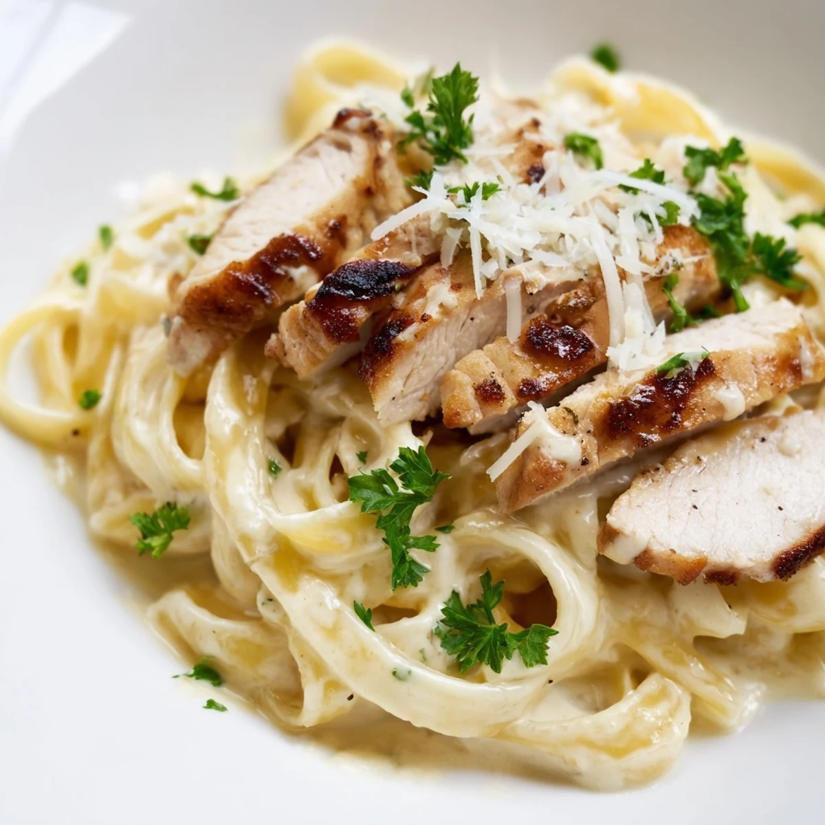 Creamy Cajun Chicken Alfredo with tender chicken strips and fettuccine, garnished with fresh parsley and Parmesan.