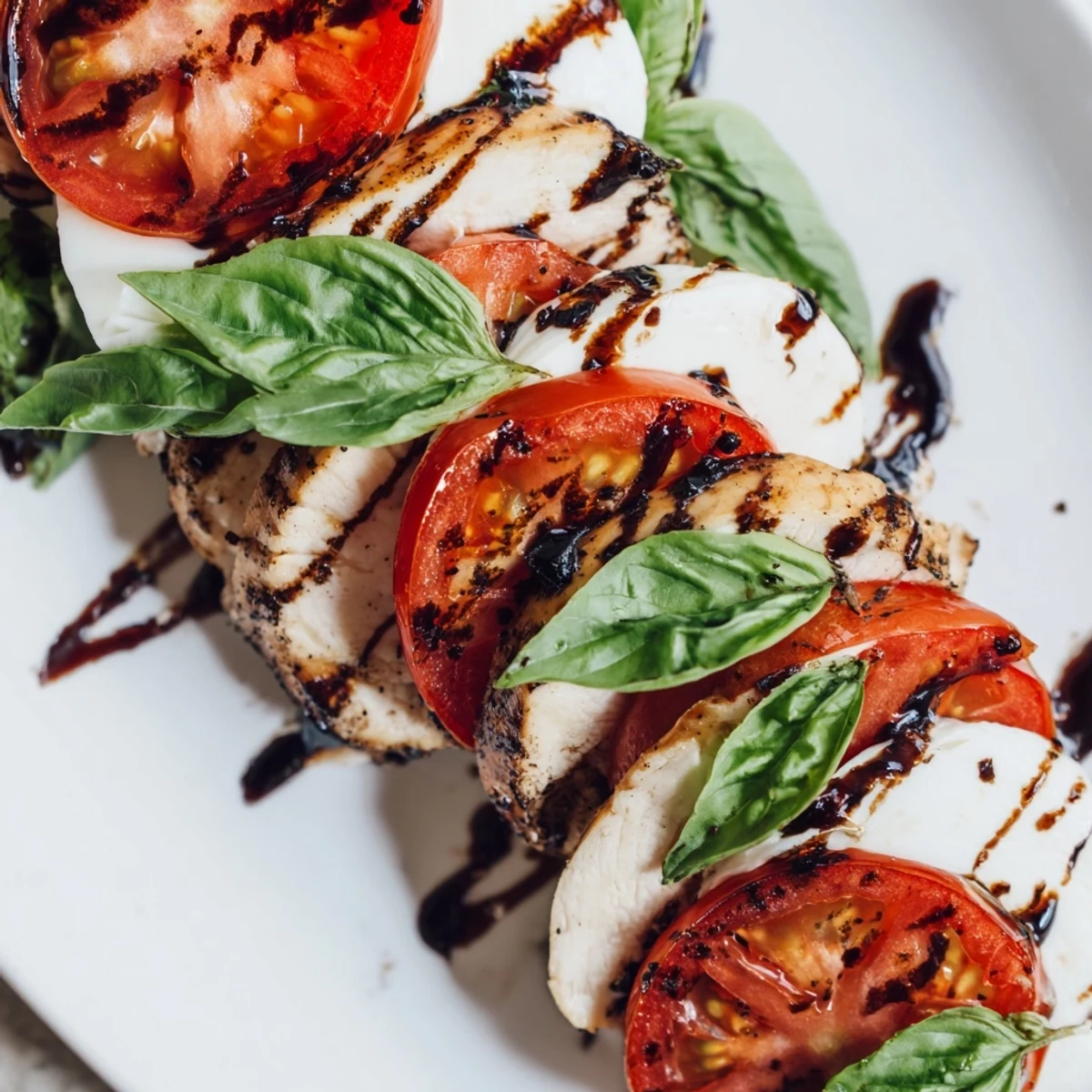 Grilled chicken slices resting atop vibrant tomatoes and creamy mozzarella, fresh basil leaves scattered over mixed greens in a Chicken Caprese Salad.