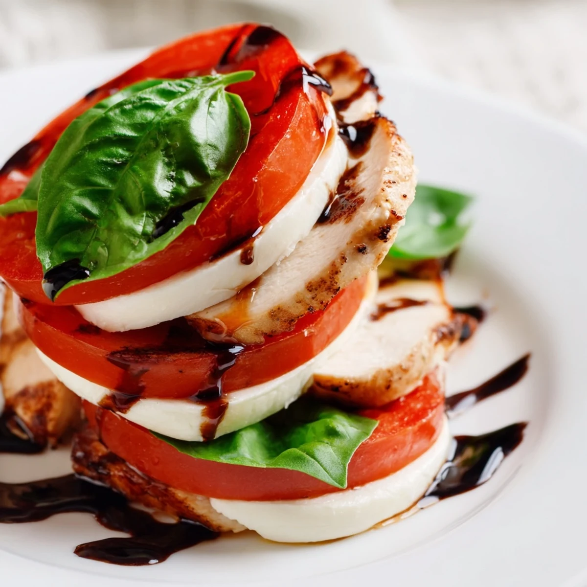 A close-up of juicy grilled chicken layered with ripe tomato slices and fresh mozzarella, drizzled with balsamic glaze for a tangy finish.