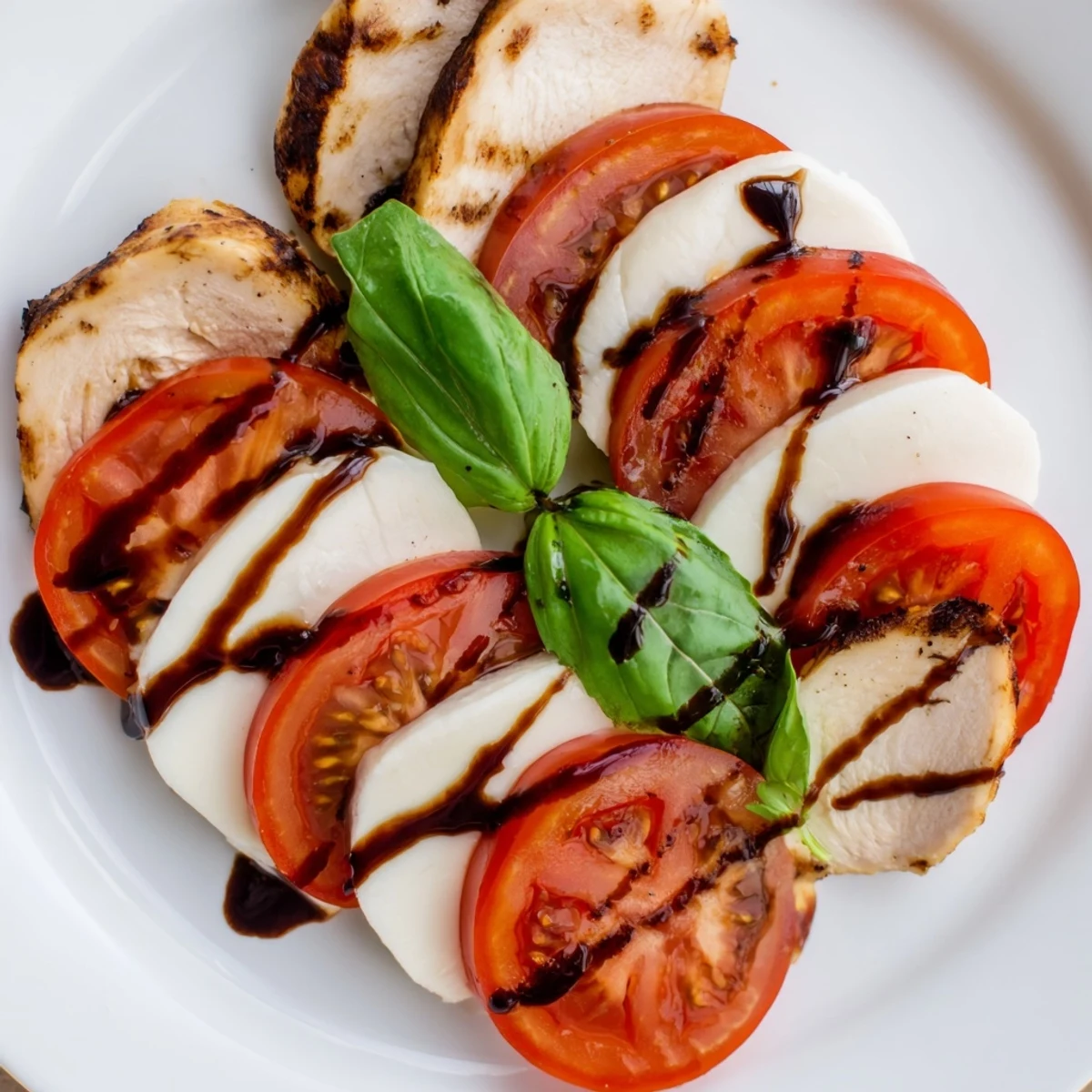 Colorful Chicken Caprese Salad served on a platter, featuring tender grilled chicken, fragrant basil, and a glossy balsamic drizzle over fresh ingredients.