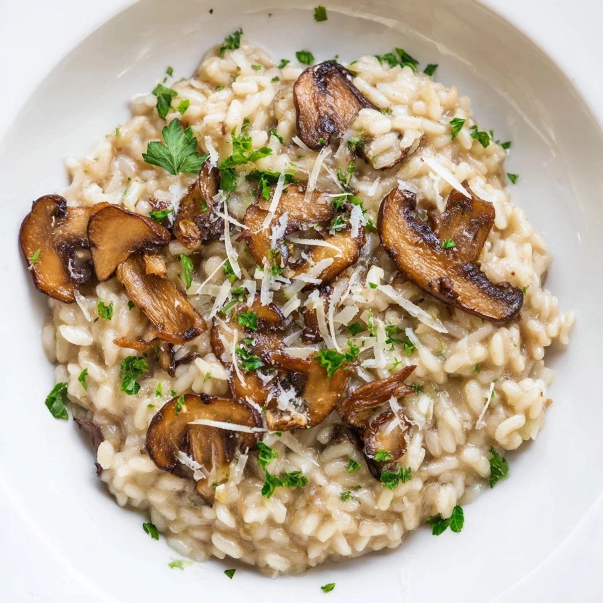 A close-up of creamy roasted mushroom risotto in a rustic bowl, garnished with thyme and Parmesan.  