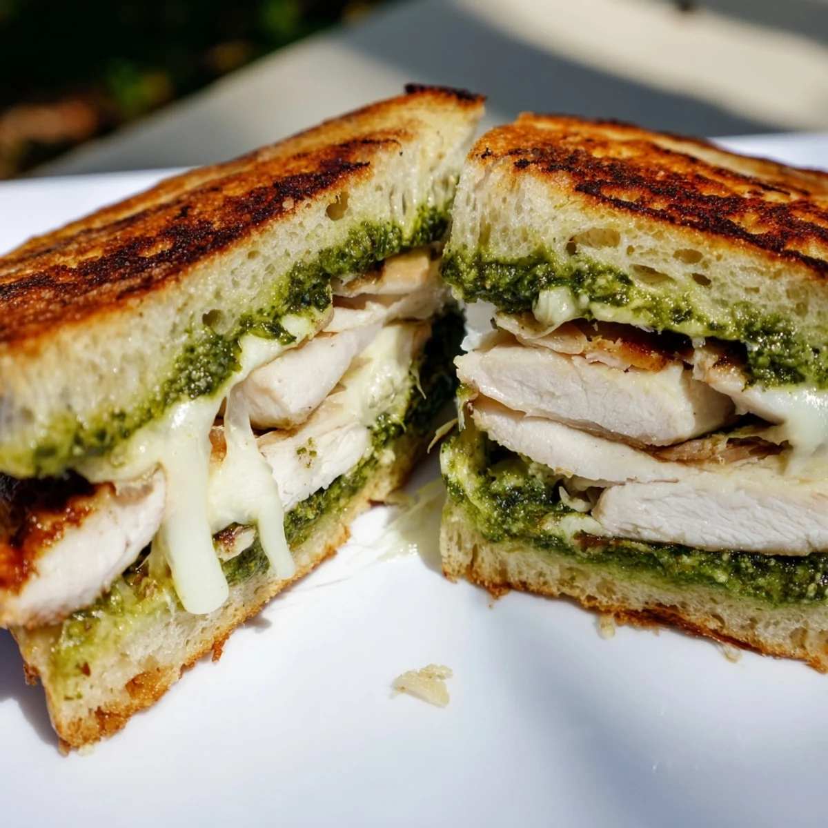 Close-up of a grilled Chicken Pesto Panini on a wooden board, showing melted mozzarella oozing from warm ciabatta bread.