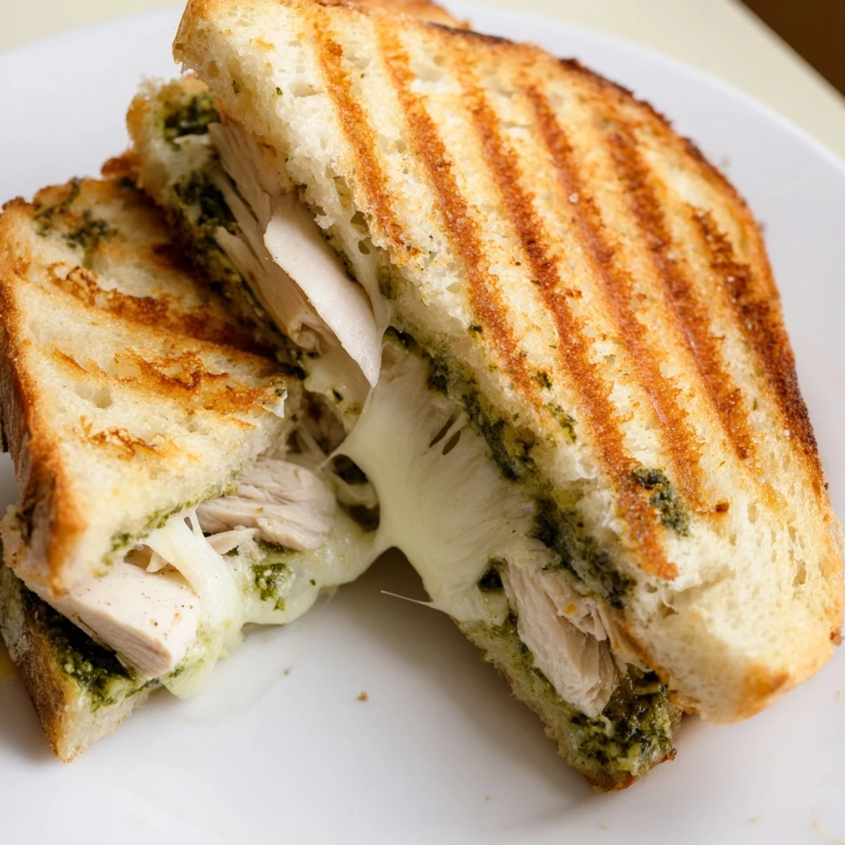 Golden-brown Chicken Pesto Panini cut in half to reveal layers of grilled chicken, gooey mozzarella, and tomato slices.