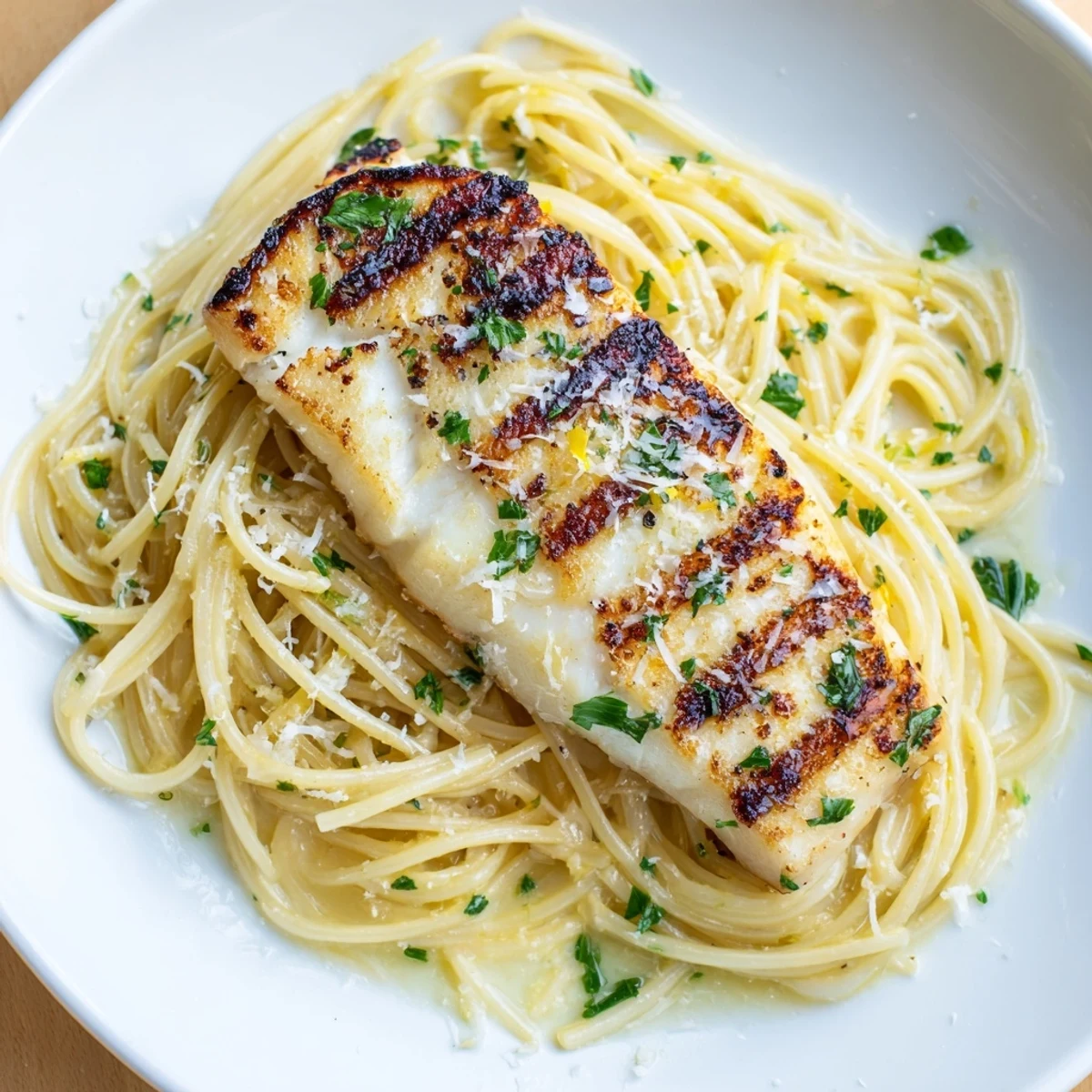 Grilled white fish fillet resting atop spaghetti tossed in zesty lemon-butter sauce, garnished with fresh parsley and a lemon wedge.