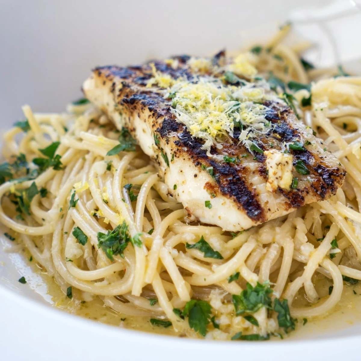 Close-up of tender grilled sea bass on lemon garlic pasta, drizzled with buttery sauce and finished with grated Parmesan cheese.