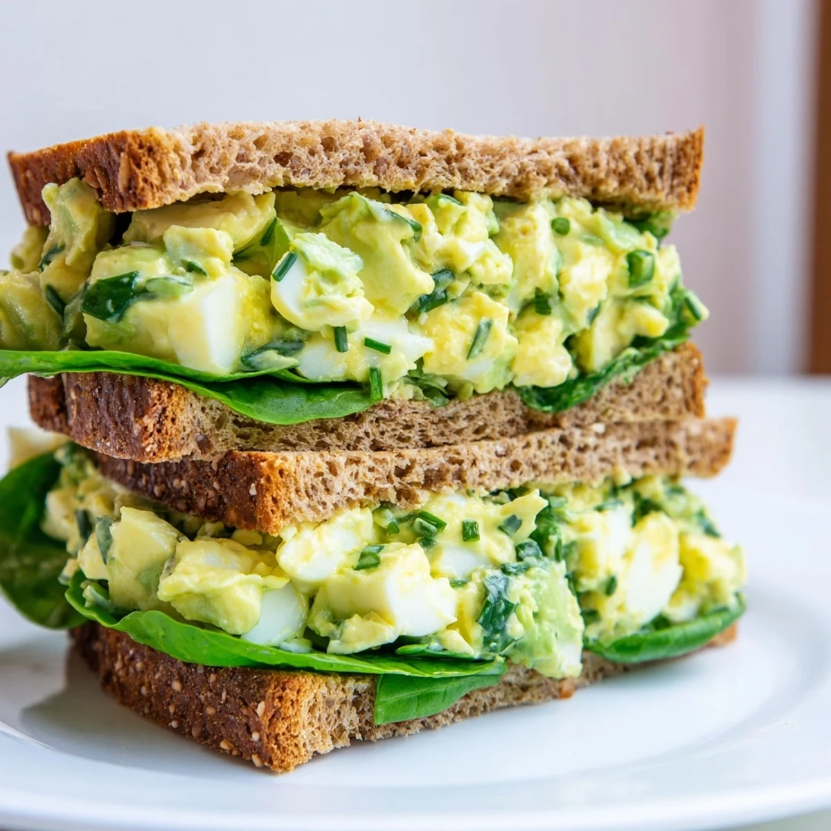 A close-up of a creamy avocado egg salad sandwich on toasted whole grain bread, filled with chopped eggs and fresh chives.  