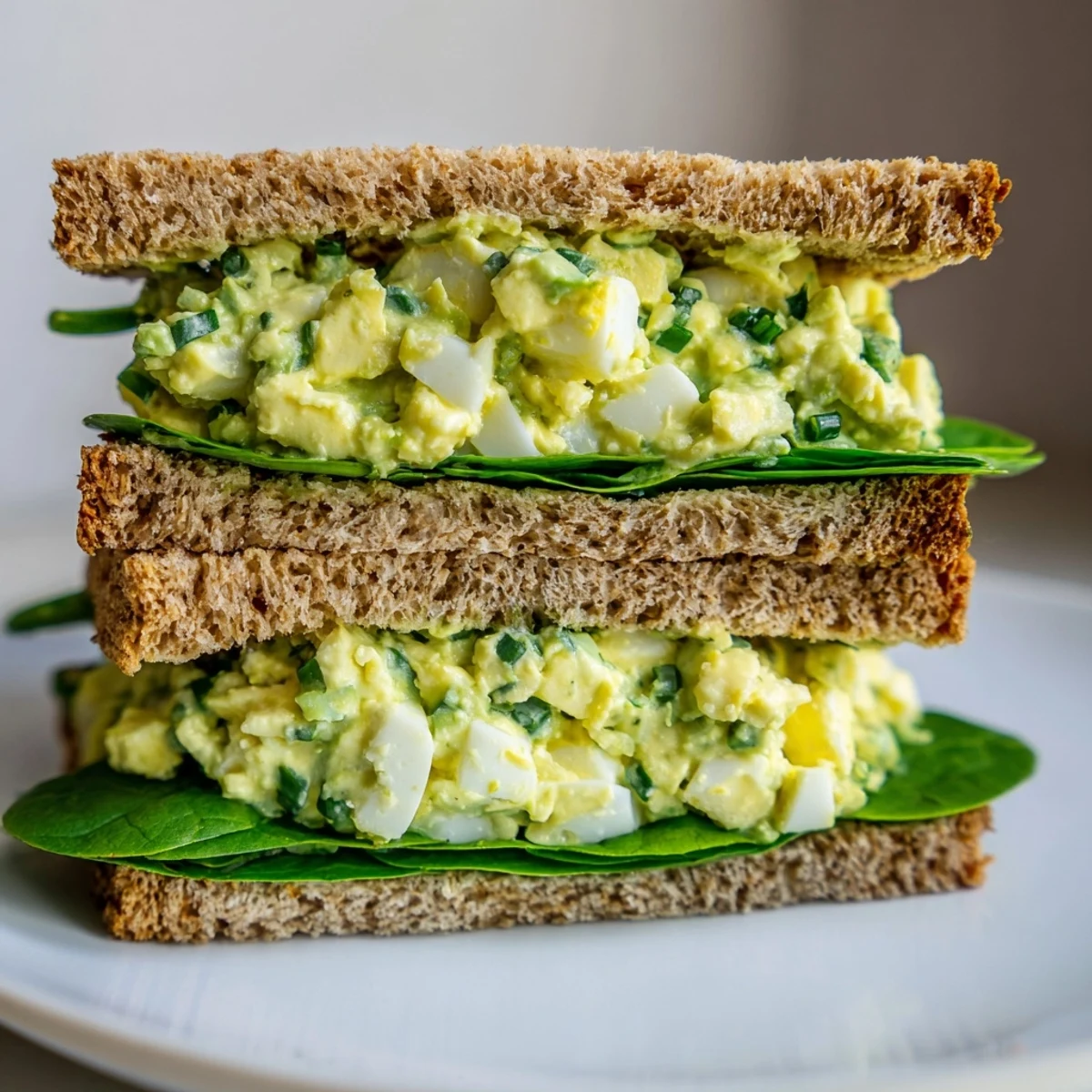 A vibrant open-faced sandwich showcases the avocado egg salad, topped with baby spinach and ripe tomato slices.  