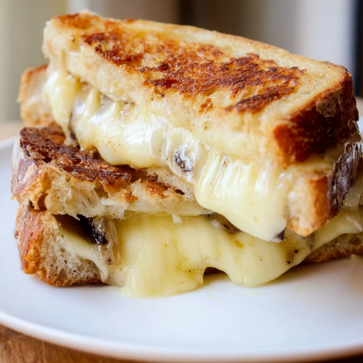 Golden-brown sourdough grilled cheese sandwiches with melted Gruyère and a drizzle of aromatic truffle oil on a wooden cutting board.