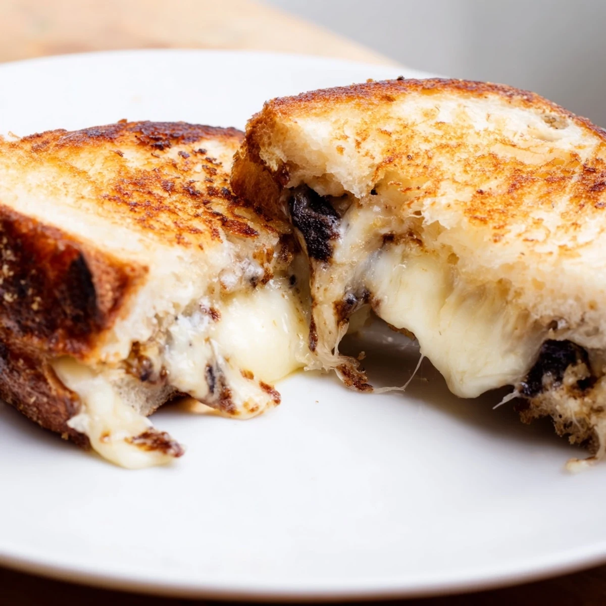 Two crispy Truffle Grilled Cheese sandwiches sliced diagonally, revealing gooey, melted Gruyère cheese on a rustic kitchen counter.