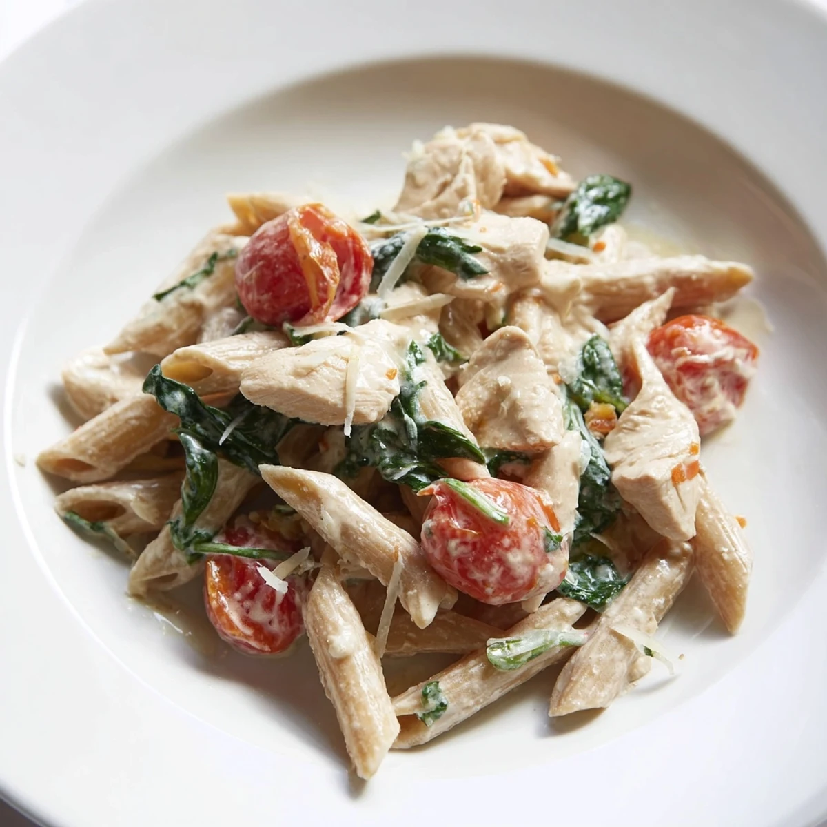 Golden chicken pieces and luscious Greek yogurt sauce tossed with al dente pasta for a high-protein dinner.