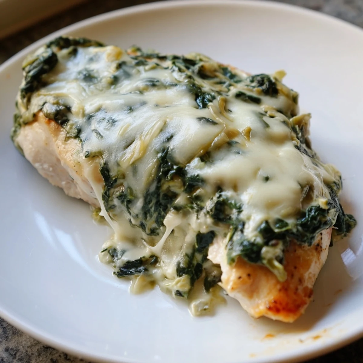 Golden-brown Spinach & Artichoke Chicken Bake emerges from the oven with a bubbly, creamy topping of wilted greens and tender artichoke hearts.  