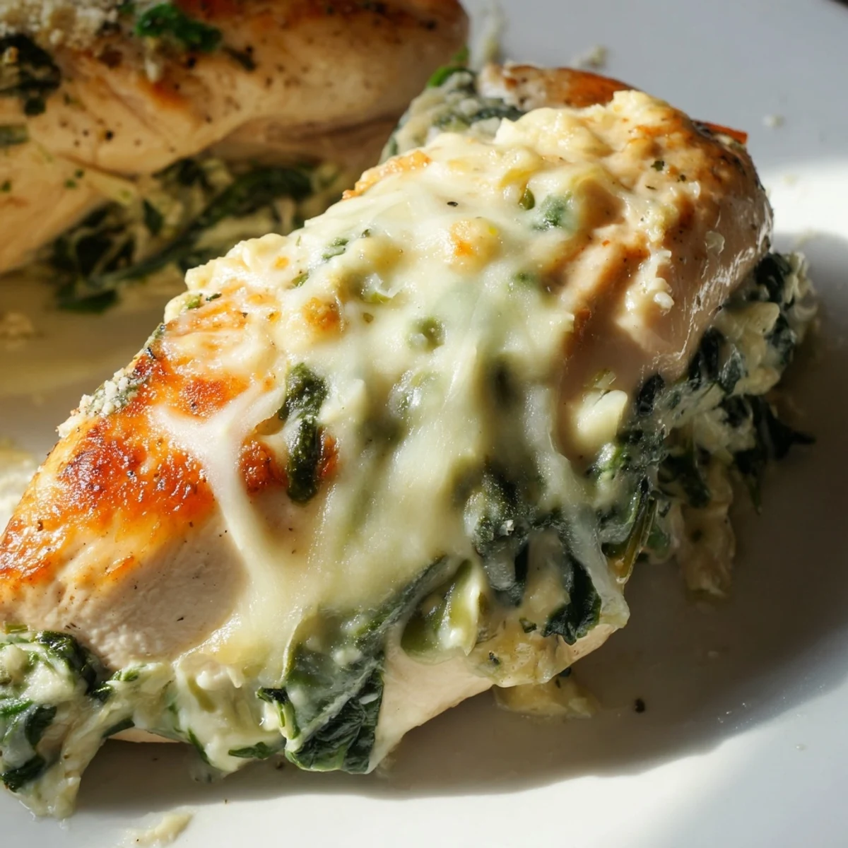 Slice through the juicy, baked chicken breasts covered in a tangy, cheesy spinach and artichoke yogurt blend.  