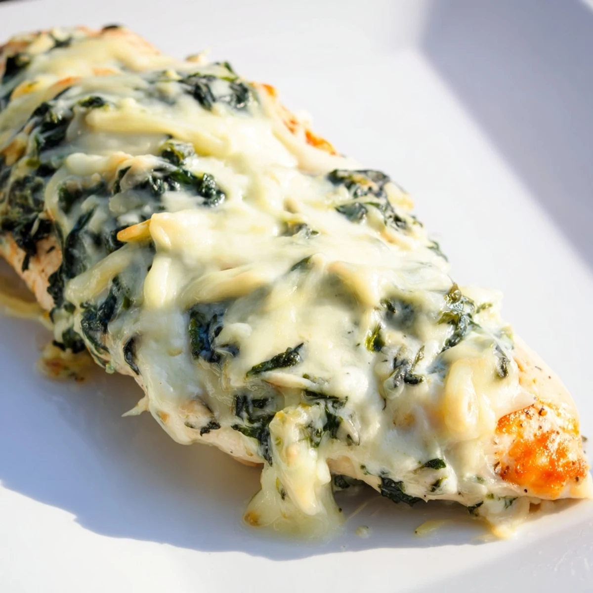 A close-up of a serving of Spinach & Artichoke Chicken Bake on a plate, garnished with fresh herbs and ready for a weeknight dinner.