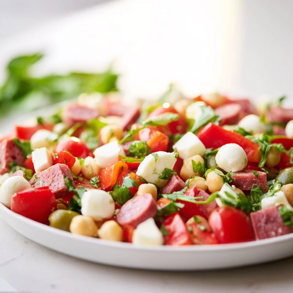 Freshly tossed Crunchy Antipasto Chopped Salad filled with chickpeas, mozzarella pearls, and vibrant diced vegetables in a zesty Italian dressing.