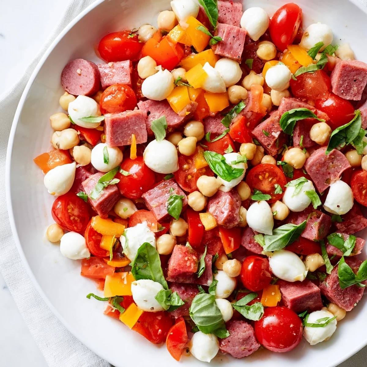 Close-up of a bowl of Crunchy Antipasto Chopped Salad with red bell peppers, cucumbers, and fresh basil garnish.