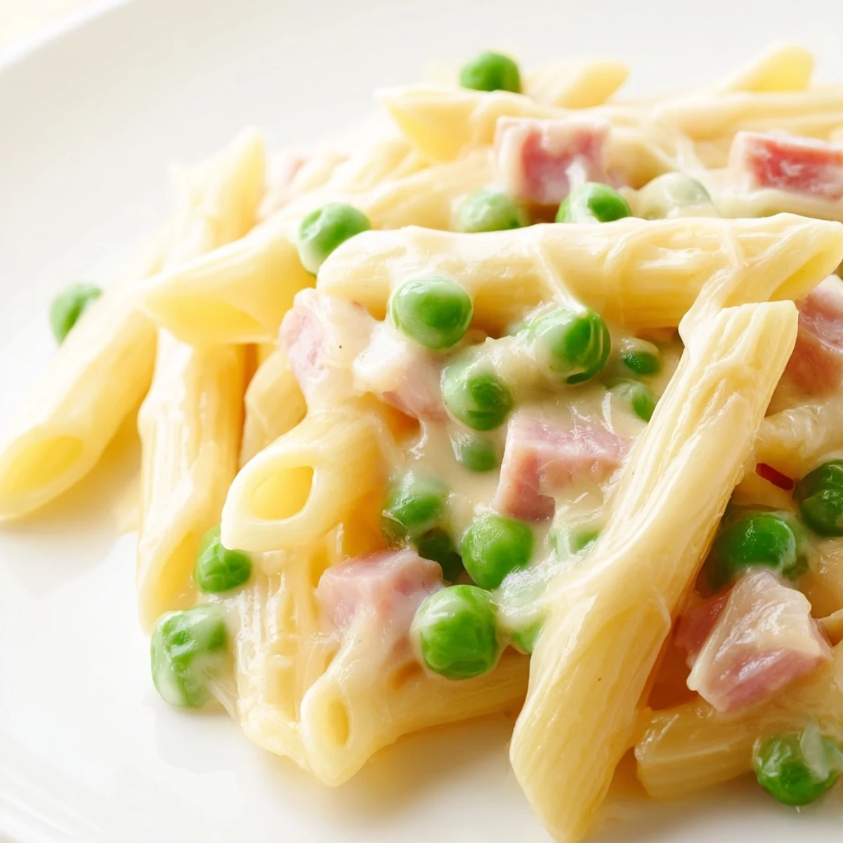 Hearty Spring Pea & Ham Pasta featuring bright green peas, al dente penne, and golden ham coated in a silky cream sauce.
