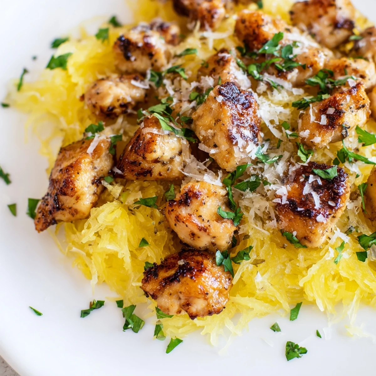 A close-up view of golden-brown lemon garlic chicken served over bright yellow spaghetti squash, garnished with fresh parsley.
