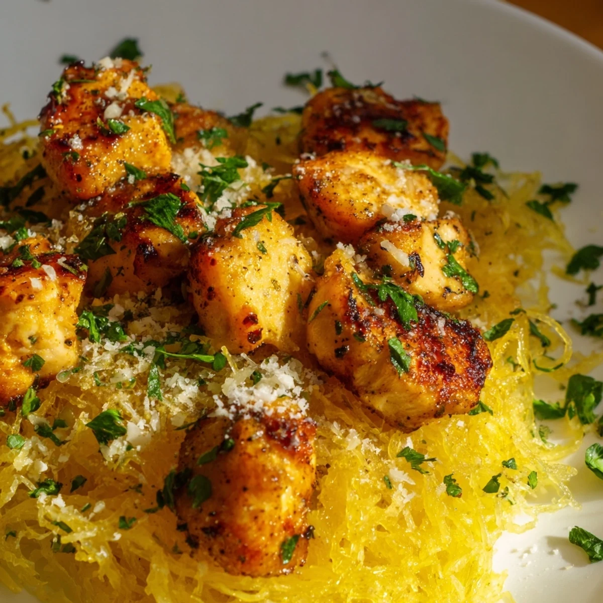 Tender roasted spaghetti squash strands topped with juicy lemon garlic chicken and a sprinkle of Parmesan cheese.