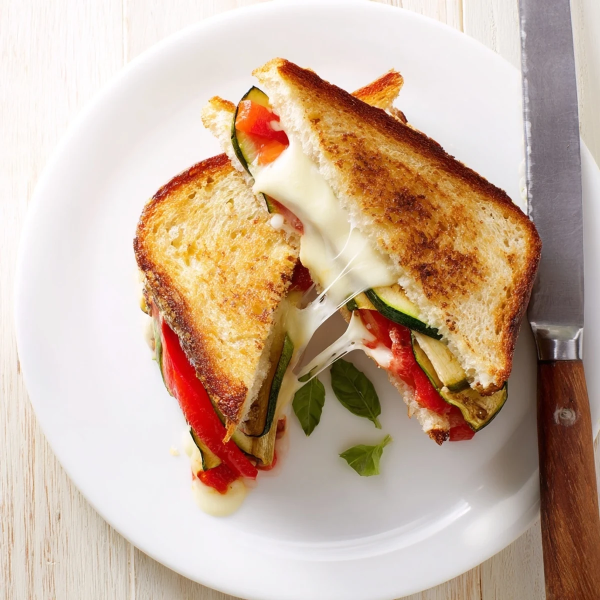 Golden-brown Roasted Veggie Caprese Grilled Cheese oozing with melted mozzarella and layered with roasted zucchini and peppers.