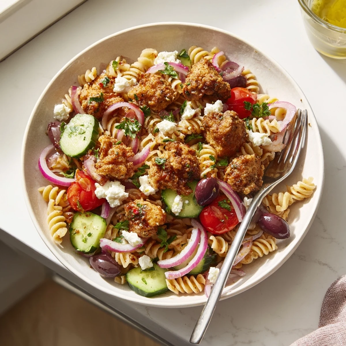 Crispy Chicken Greek Pasta featuring golden fried chicken bites tossed with penne, cherry tomatoes, cucumbers, olives, and creamy feta cheese.