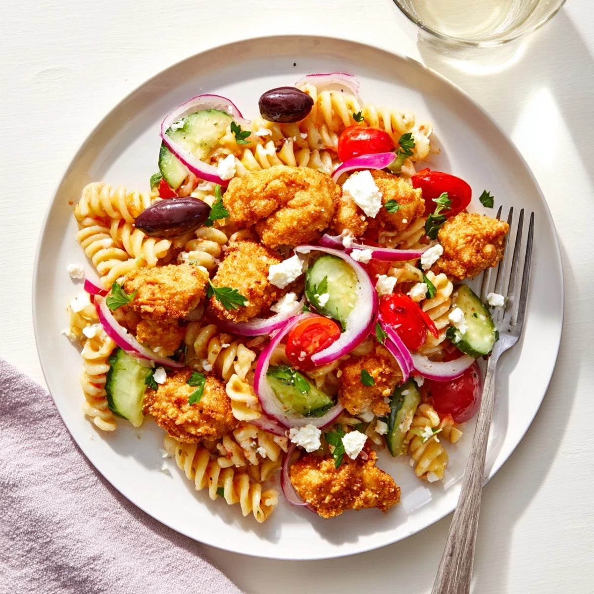 Golden crispy chicken pieces sit atop a vibrant bowl of Greek pasta with red onion, parsley, and a zesty vinaigrette.