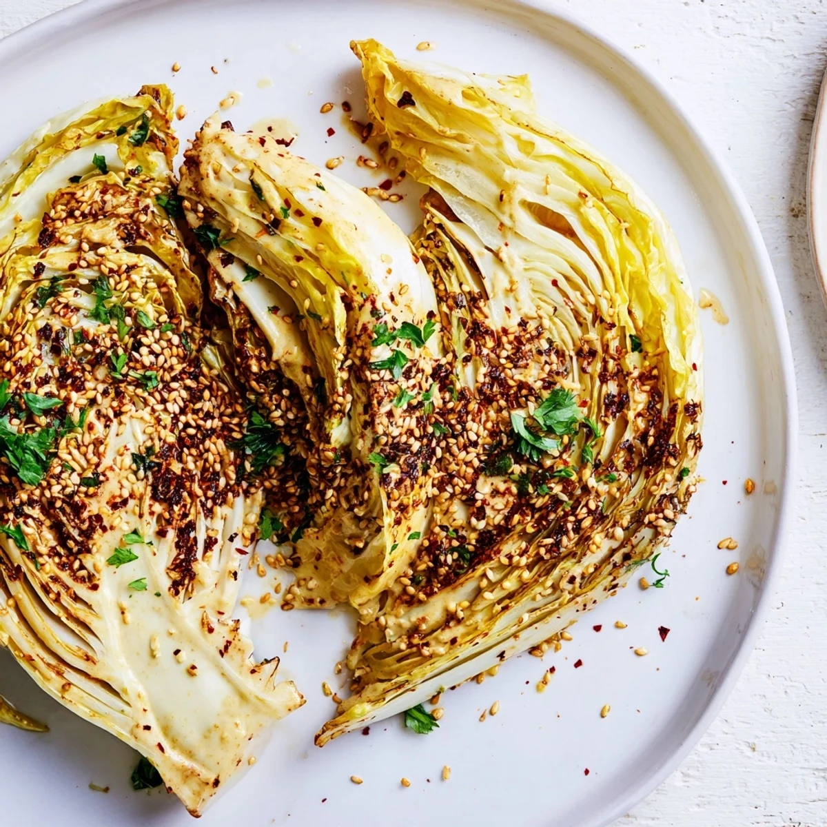 Tender roasted cabbage wedges topped with a drizzle of creamy tahini sauce and fresh parsley for a flavorful, healthy vegan side dish.