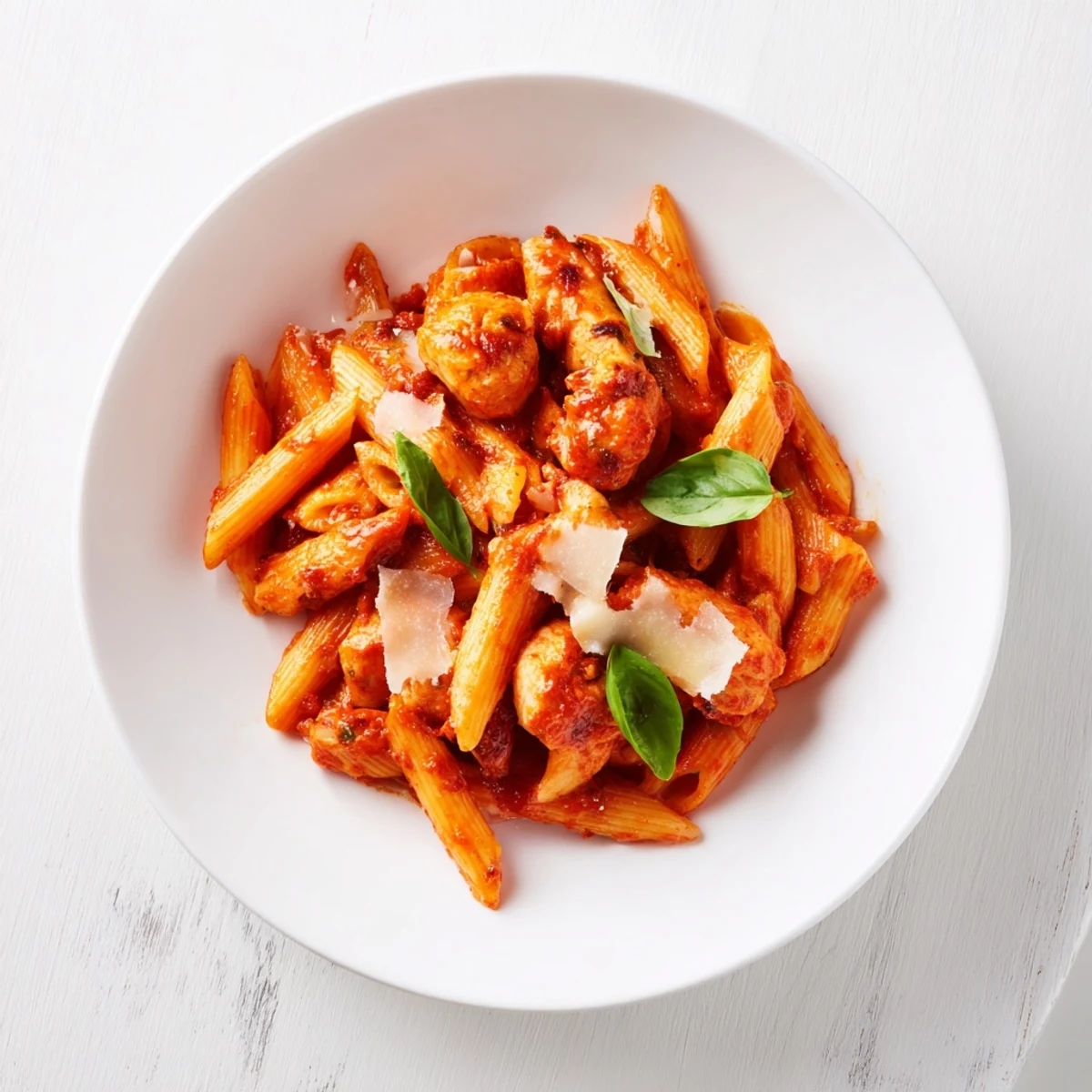 Steaming bowl of tomato basil chicken pasta garnished with fresh basil leaves and grated Parmesan.  