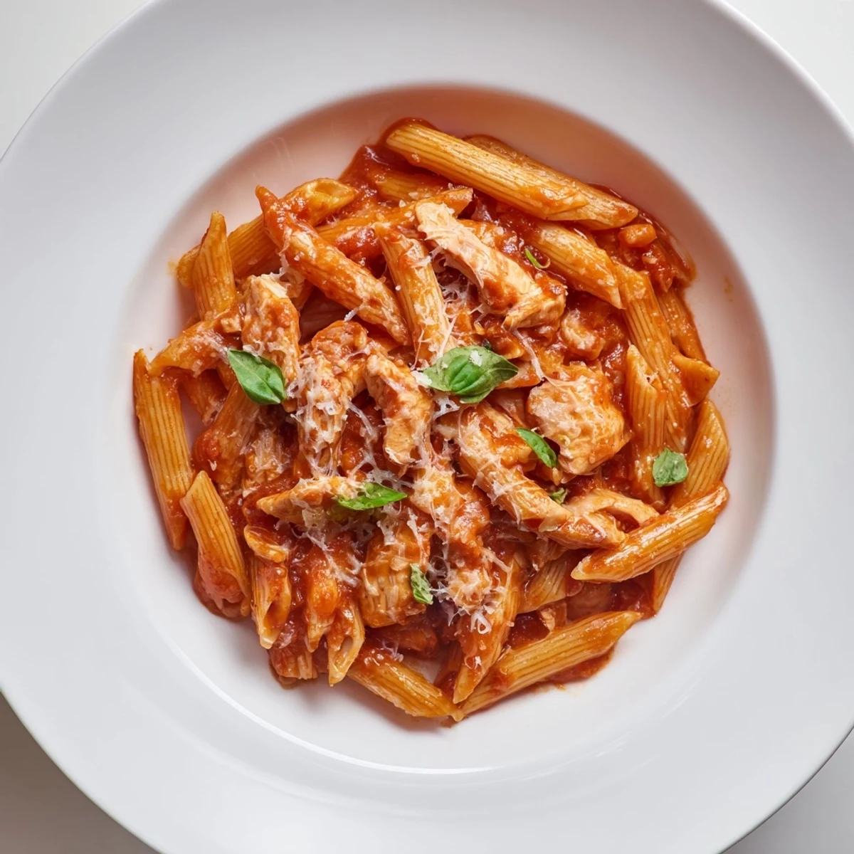 Saucy pasta dish with tender chicken and tomatoes, perfect for a family dinner.